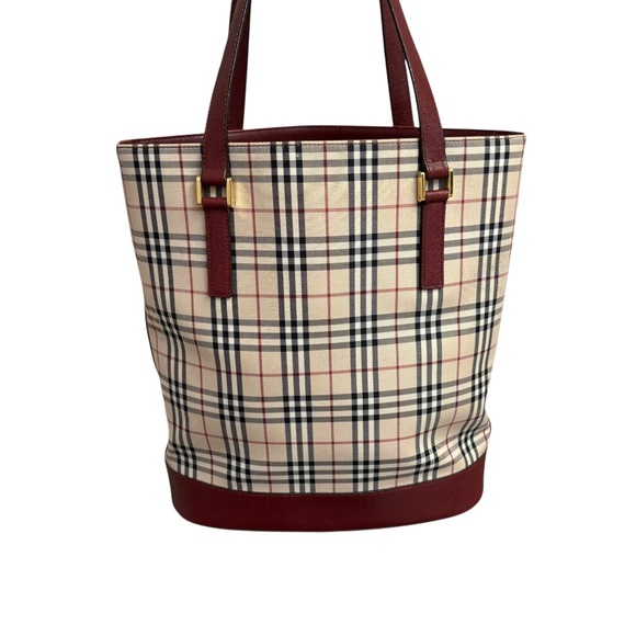 Burberry vintage classic nova check and burgundy leather tote bag
